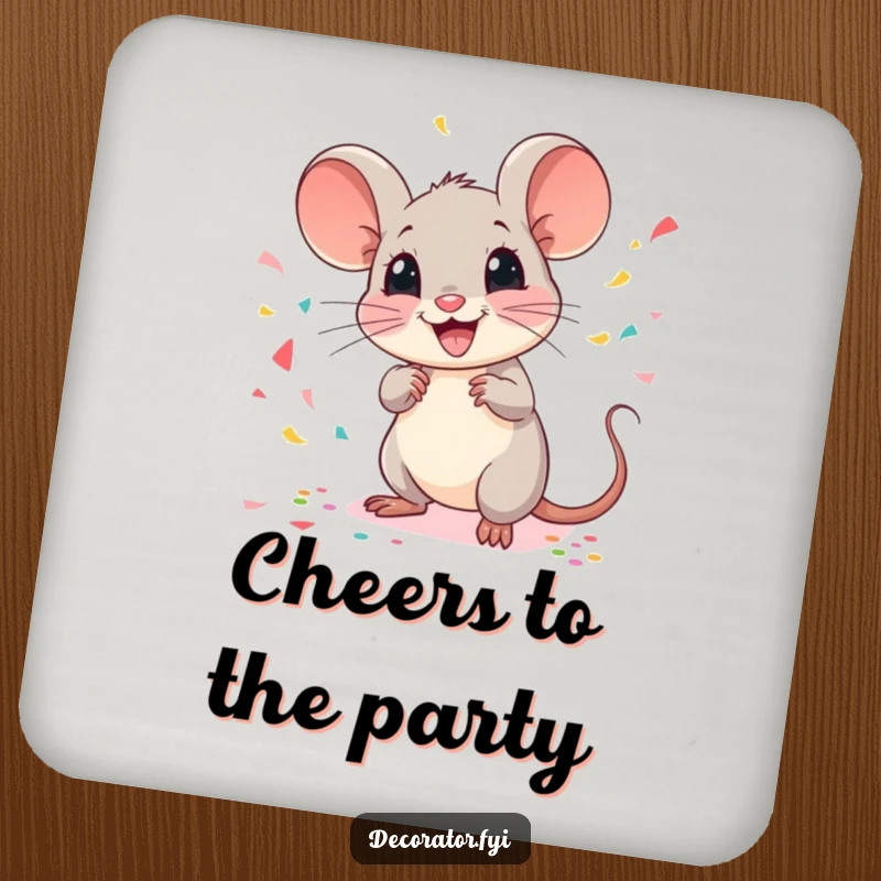 Funny mouse drink coasters featuring a cheerful mouse scattering confetti, perfect for protecting surfaces with festive and humorous designs.