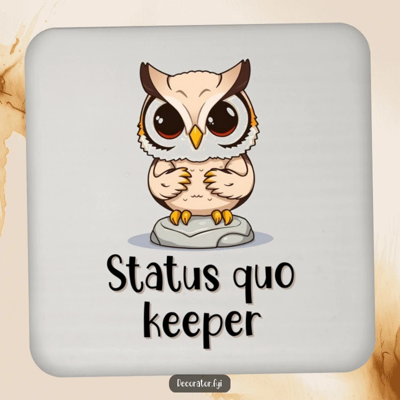 Funny drink coaster with a determined owl character carefully placing a small statue, adding a humorous touch to tabletops.