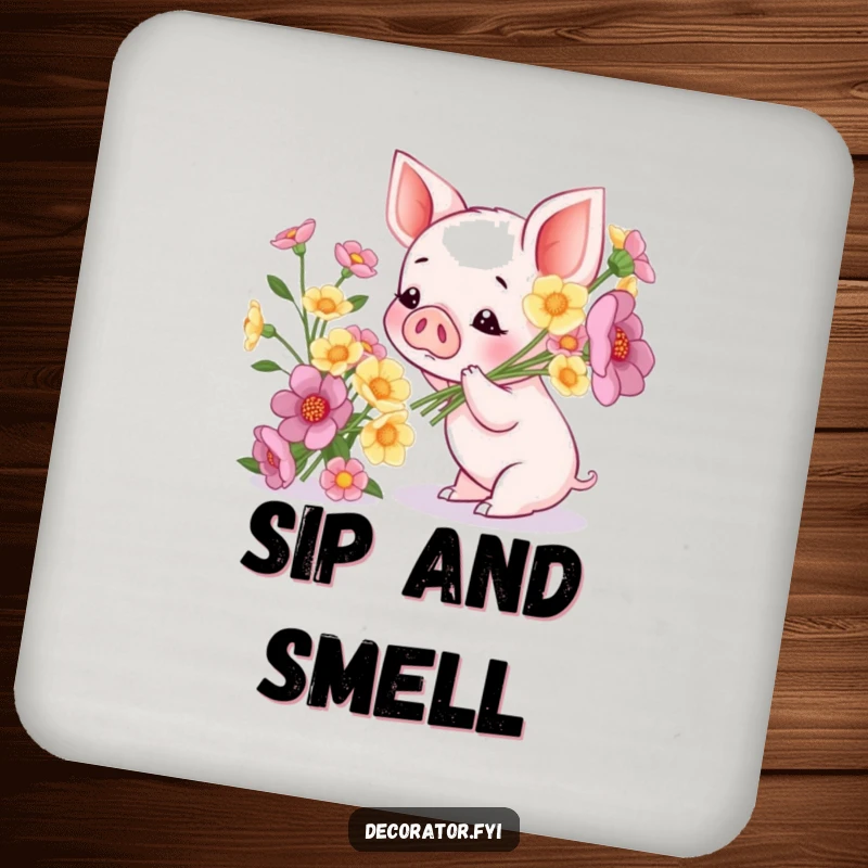Funny drink coaster with a piglet admiring a bouquet of flowers, a humorous and functional home accessory for nature lovers.