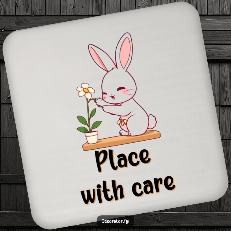 Funny rabbit drink coasters showcasing a perky rabbit carefully placing a delicate flower on a shelf, symbolizing nature's tenderness.