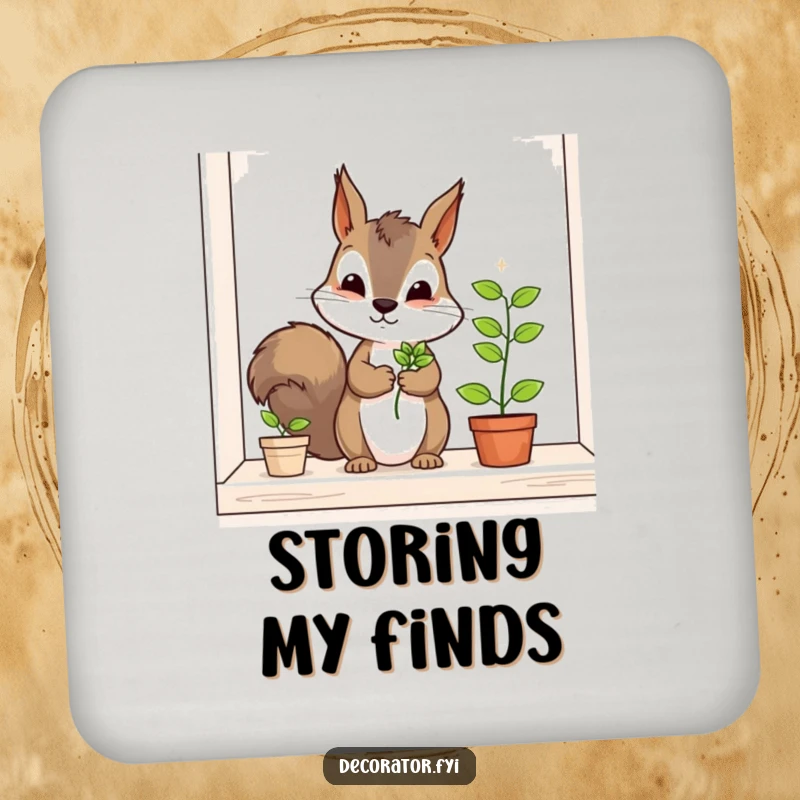 Funny squirrel coasters, a determined character carefully placing a tiny plant on a shelf, adding humorous gardening flair to drink setups.