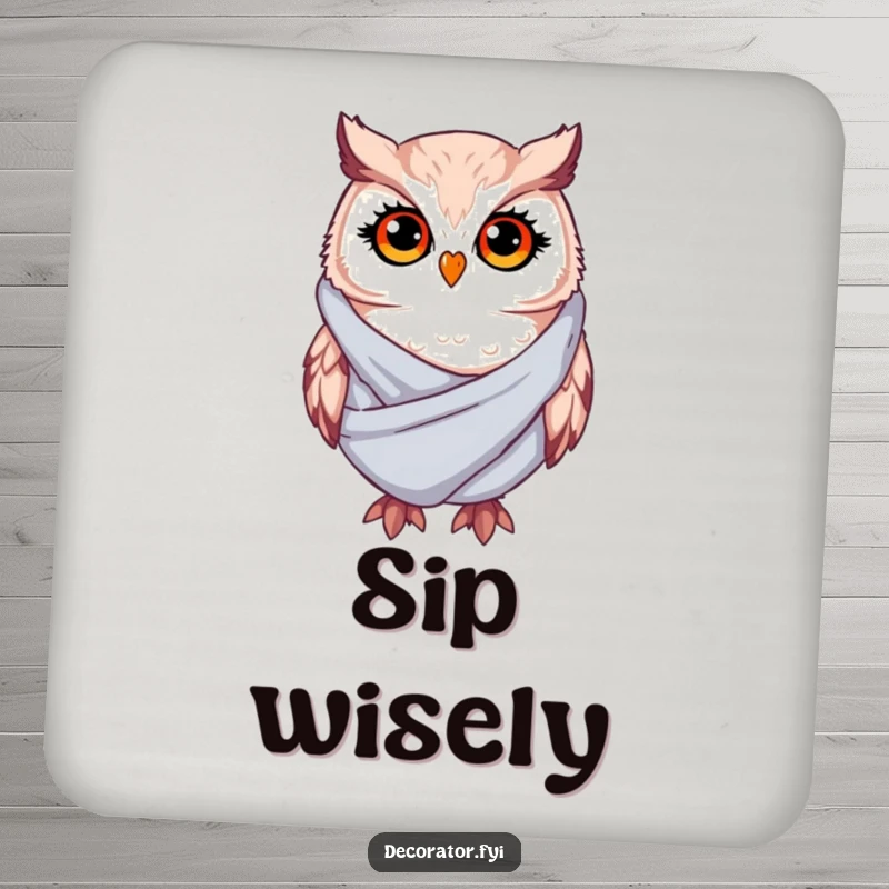 Funny Coaster: A whimsical owl with twinkling eyes drapes soft fabric, offering humorous protection for tabletops.