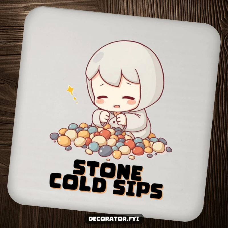 Funny drink coasters showcasing a content character arranging tiny decorative stones, adding a sense of peace and humor to tabletops.