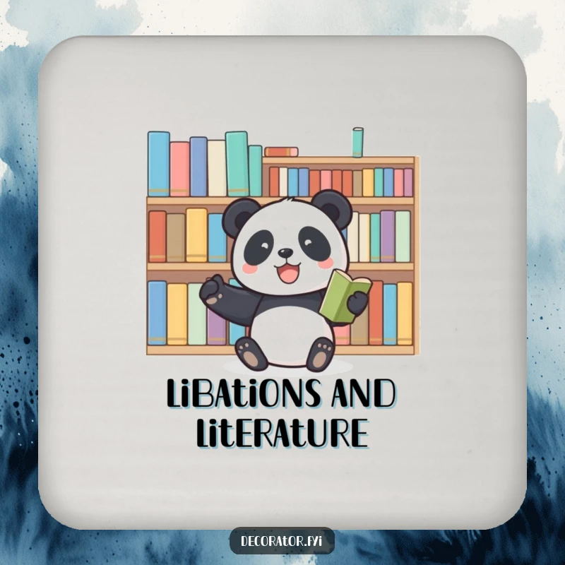 Funny panda drink coasters featuring a joyful panda arranging books, perfect for protecting surfaces with literary-themed humor.