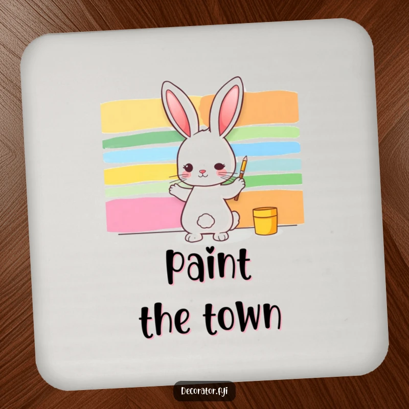 Funny drink coaster with a rabbit artist painting colorful stripes on a wall, a humorous and functional home accessory.