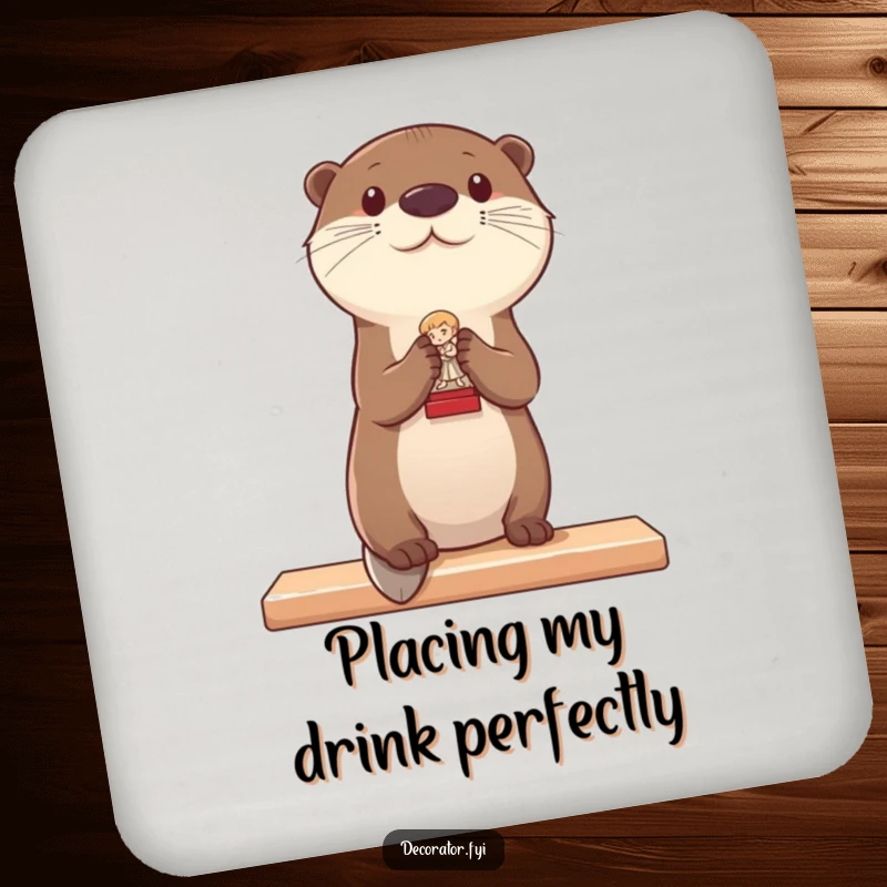 Funny drink coaster showing an otter carefully placing a tiny statue on a shelf, adding a touch of decorative humor.