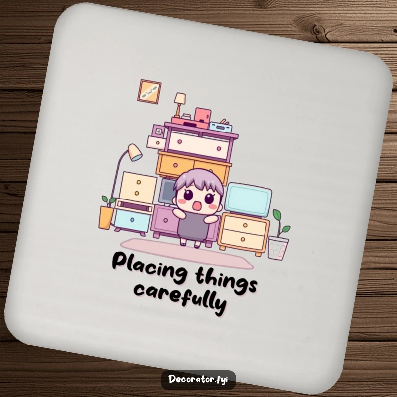 Funny coaster with a surprised character looking at a perfectly stacked furniture arrangement, protecting surfaces with humor.
