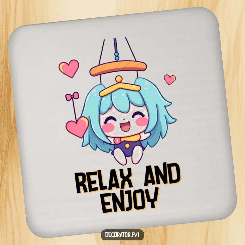 Funny Coaster: A joyful character hanging a whimsical, colorful mobile, adding art to your surfaces.