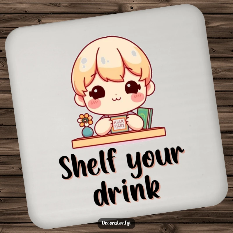 Funny Drink Coaster showing a cheerful character admiring a small, perfectly arranged shelf, adding a touch of elegance.