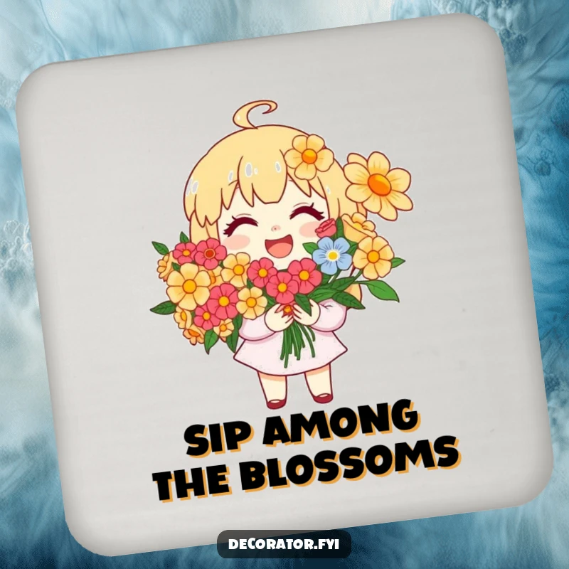 Funny Coaster: A joyful character smiles while arranging a vibrant bouquet of bright and colorful flowers.