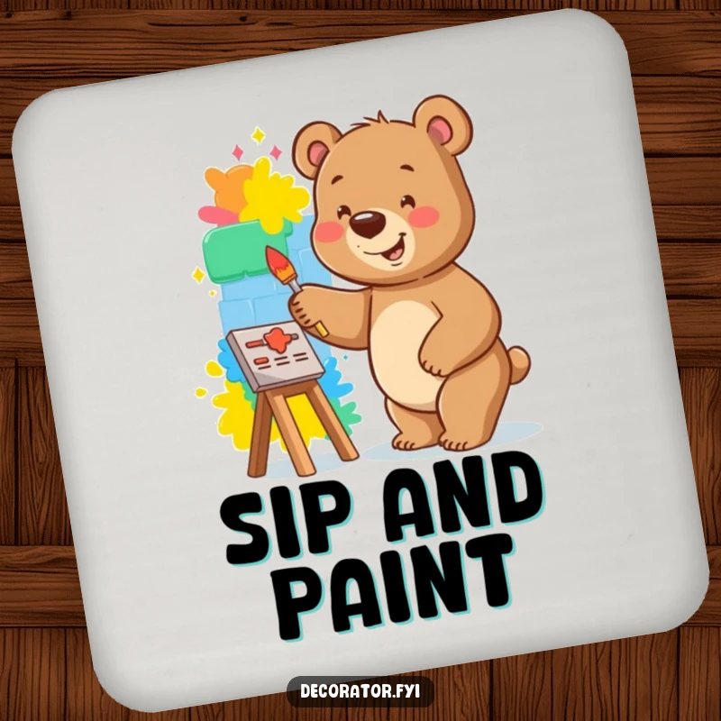 Funny bear drink coasters showcasing a smiling bear happily painting a vibrant mural on a small wall, symbolizing creativity.