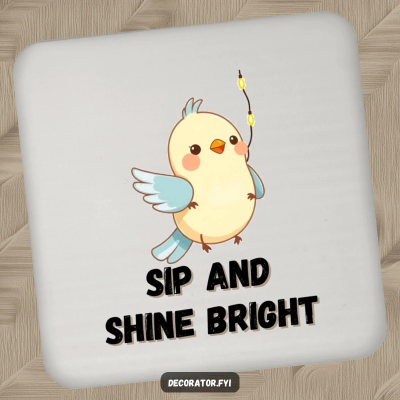 Funny drink coasters depicting a cute bird hanging a string of tiny lights, adding holiday charm to any table.