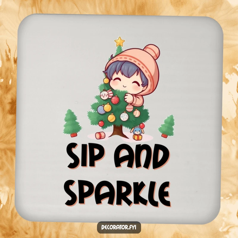 Funny Coaster: A playful character decorates a small tree with tiny, glittering ornaments, adding festive humor.