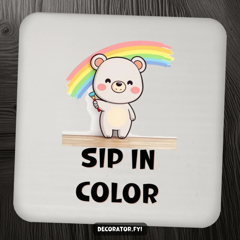 Funny smiling bear painting a rainbow on a wall, adding a humorous and protective element to a drink coaster.