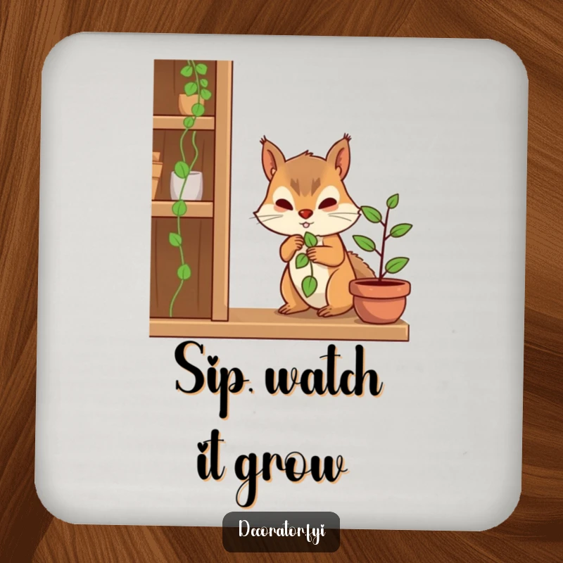 Funny coaster set with a determined squirrel character placing a tiny plant on a shelf, protecting furniture with care.