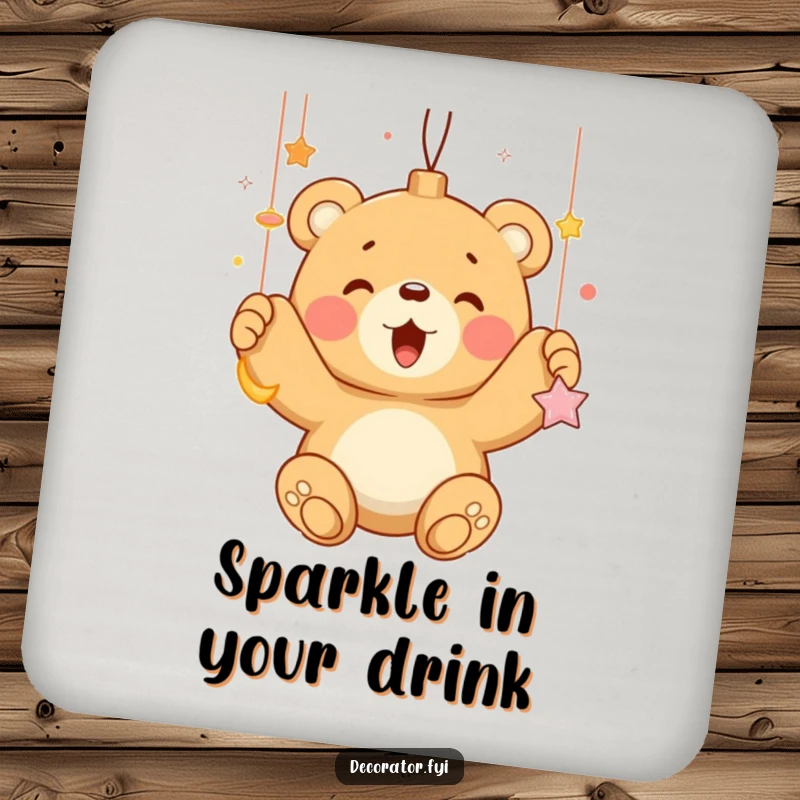 Funny bear cub enthusiastically hanging shiny ornaments, featured on protective drink coasters, adding holiday humor.