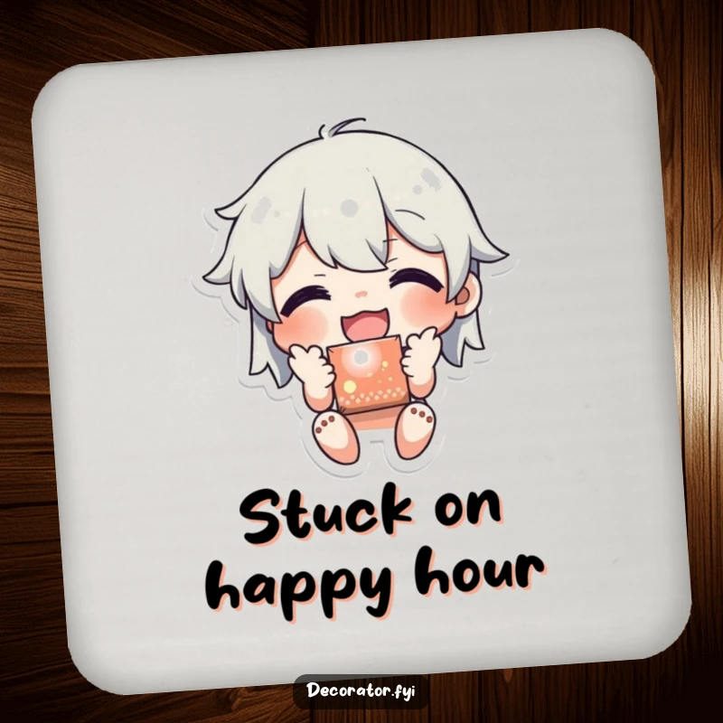 Funny drink coaster featuring a character joyfully applying a shiny sticker to a surface, protecting surfaces with a humorous touch of personal flair.