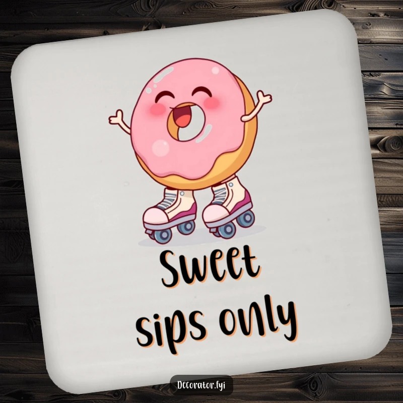 Funny drink coaster showing a laughing donut attempting to wear large roller skates, looking unsteady. Protects surfaces.
