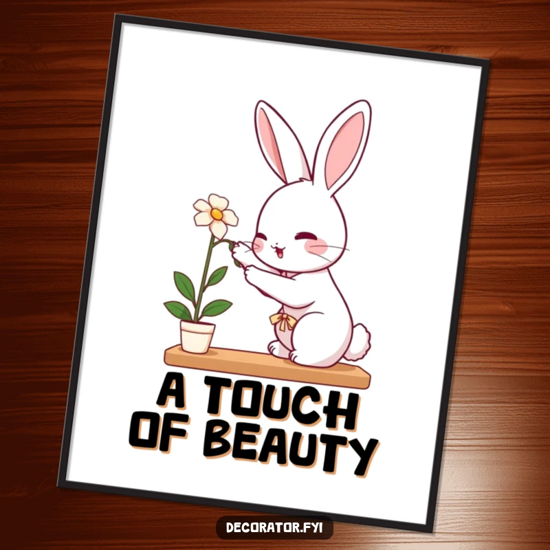 Funny rabbit poster capturing a perky rabbit carefully placing a delicate flower on a shelf, showcasing nurturing care.