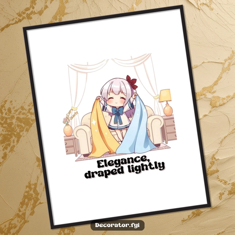 Funny Poster: A character gleefully drapes shimmering fabric over furniture, creating a whimsical decorative effect.