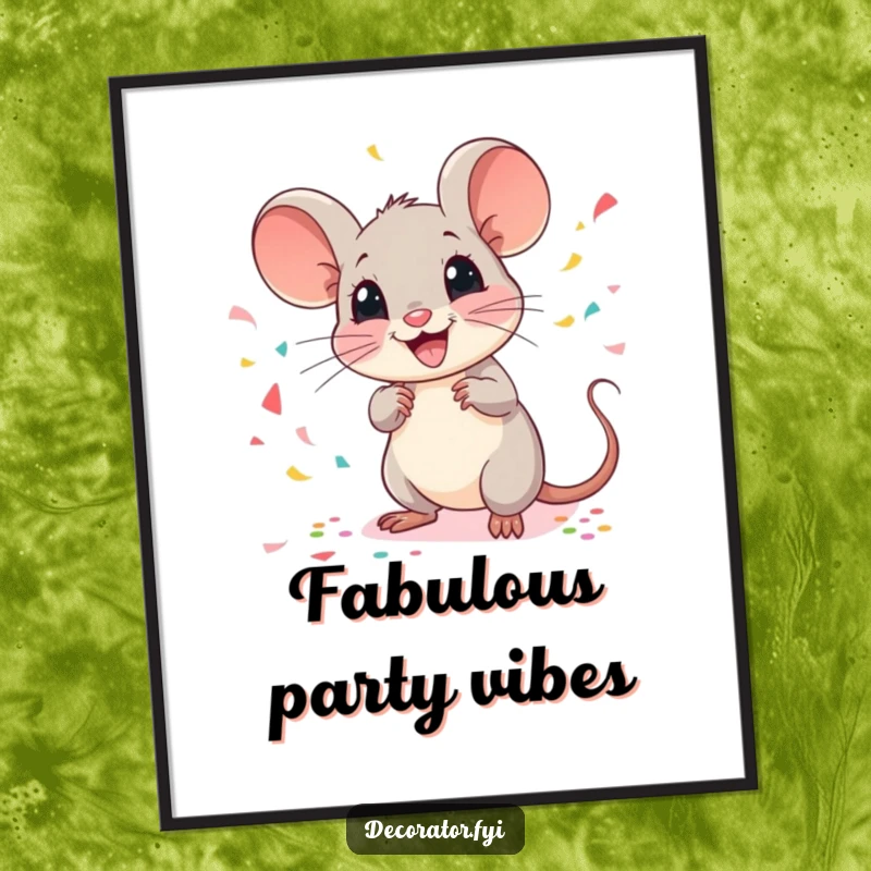 Funny mouse poster featuring a cheerful mouse scattering confetti with a flourish, perfect for festive wall decor.