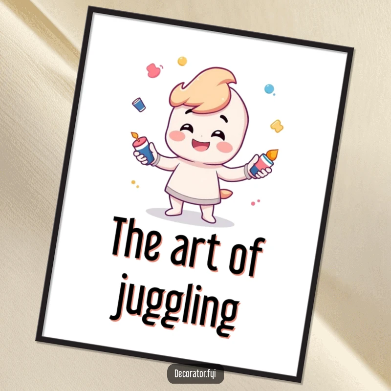 Funny Poster showcasing a grinning character skillfully juggling small, colorful paint pots with artistic flair.