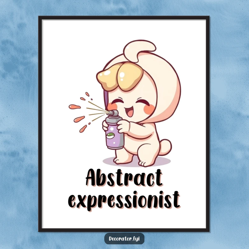 Funny poster showing a giggling character playfully spritzing paint from a small can, bringing artistic humor to walls.