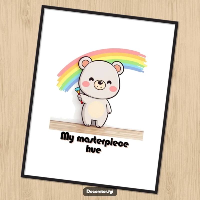 Funny smiling bear painting a colorful rainbow on a blank wall, creating a vibrant and humorous poster for art enthusiasts.