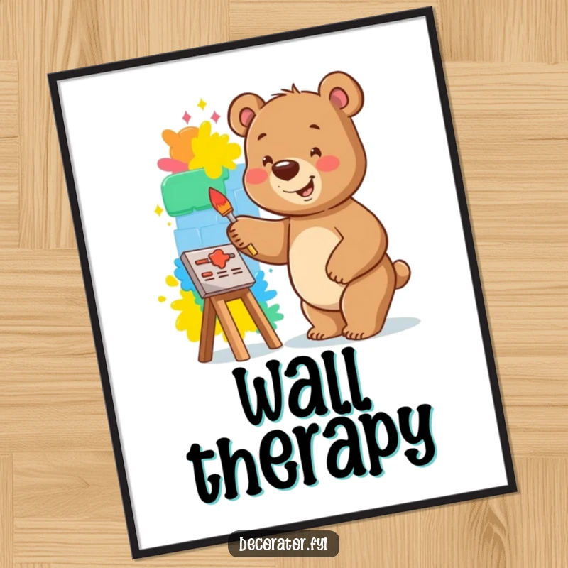 Funny bear poster capturing a smiling bear happily painting a vibrant mural on a small wall, spreading colorful art.