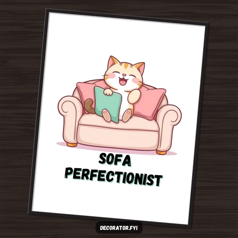 Funny poster featuring a cat gleefully arranging sofa cushions, a humorous depiction of feline interior design expertise.