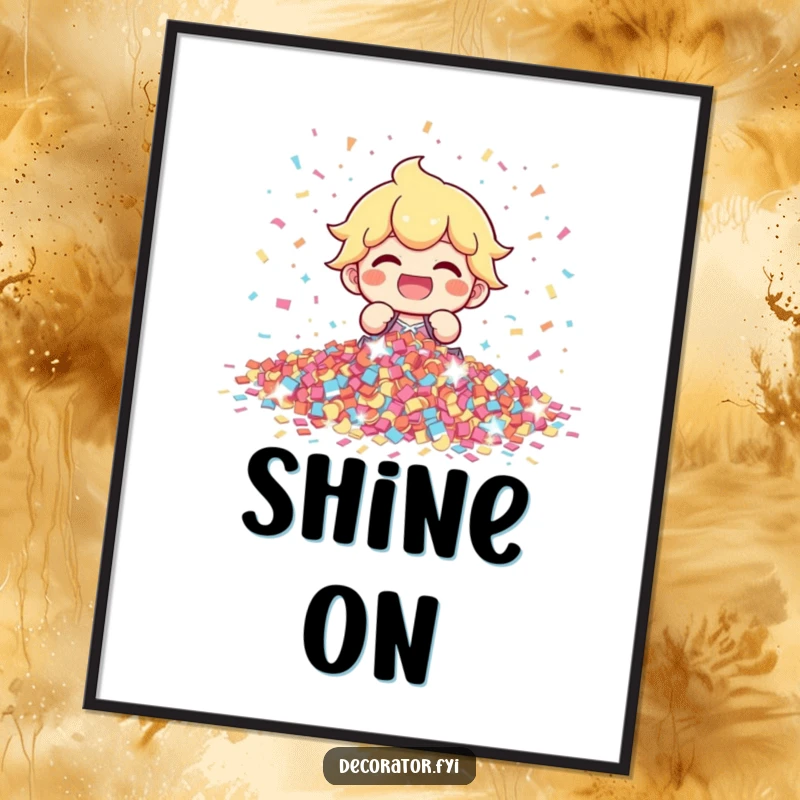 Funny character with a wide, gleeful grin, arranging shimmering confetti, creating a festive and joyful atmosphere, ideal wall art.