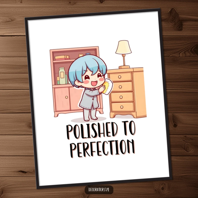 Funny content character happily polishing shiny furniture, depicted as vibrant, humorous wall art.