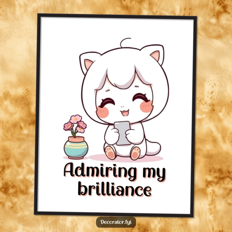 Funny decor poster art featuring a contented character happily admiring a perfectly placed accent piece with serene satisfaction.