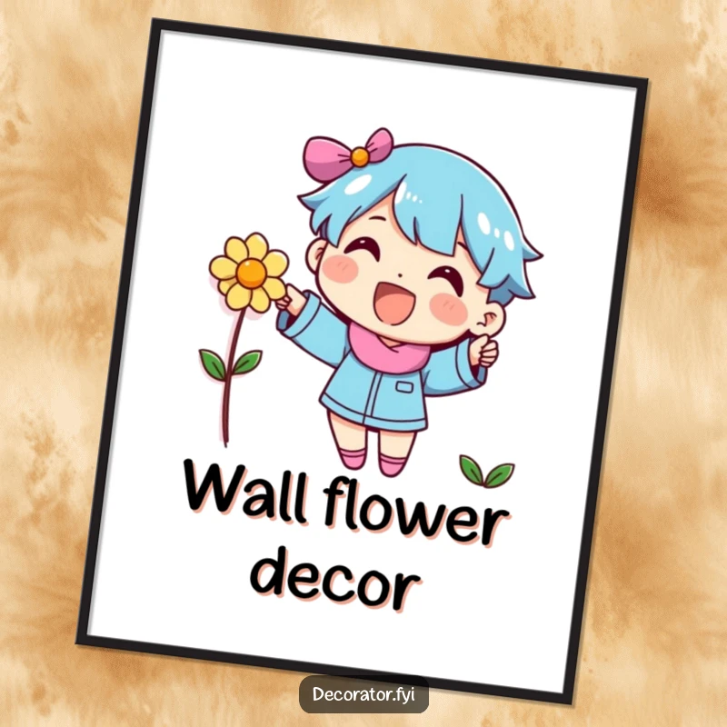 Funny character enthusiastically placing a decorative flower on a wall, creating a simple yet joyful artwork.