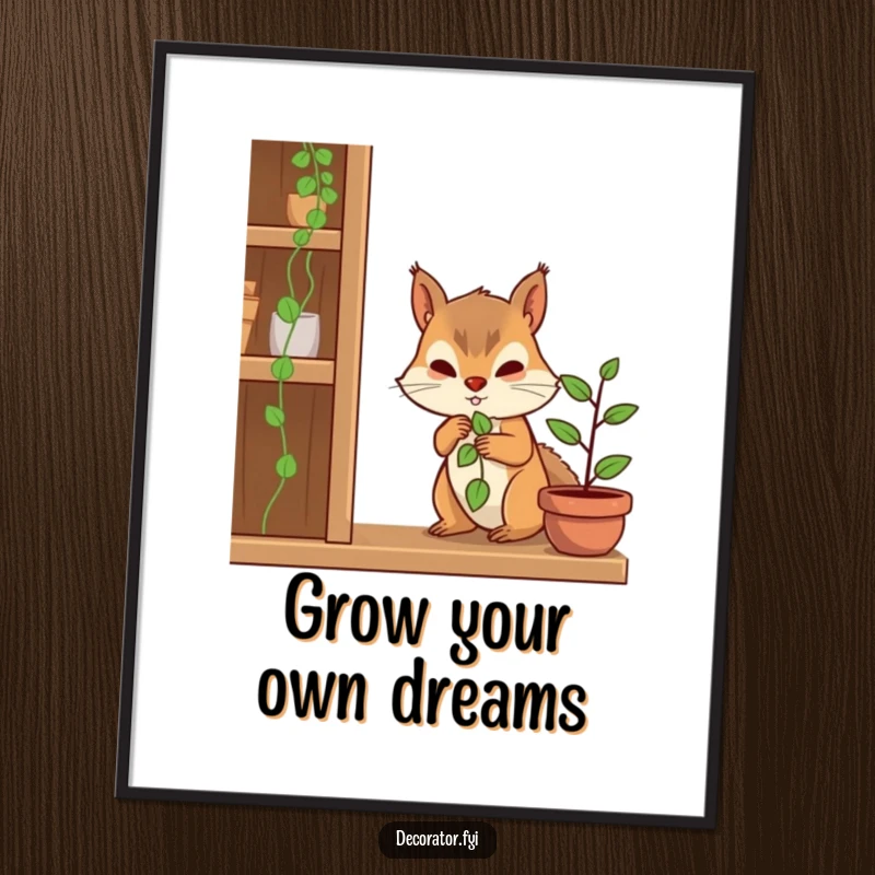 Funny poster art of a determined squirrel character carefully placing a tiny plant on a shelf, radiating calm focus.