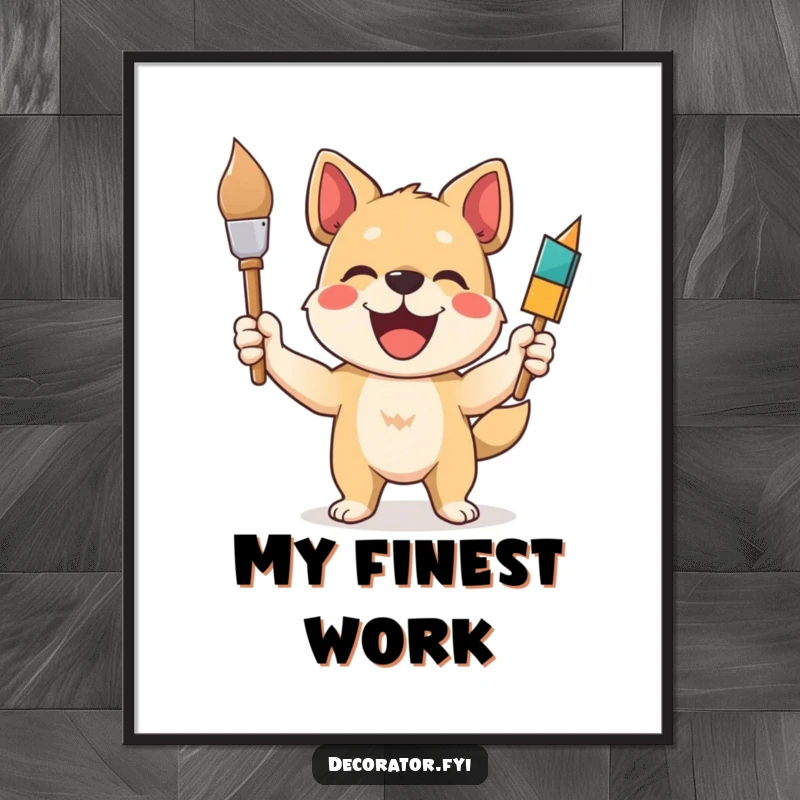 Funny dog poster featuring a delighted dog artist proudly holding a paintbrush, celebrating artistic success and colorful creations.