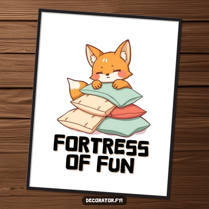 Funny mischievous fox winking as it plays with cushions, creating a cozy and humorous poster for relaxation spaces.