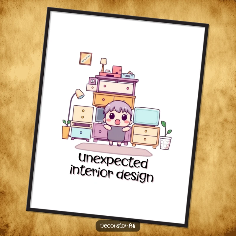 Funny poster showing a surprised character observing a perfectly arranged stack of furniture, bringing minimalist humor to walls.
