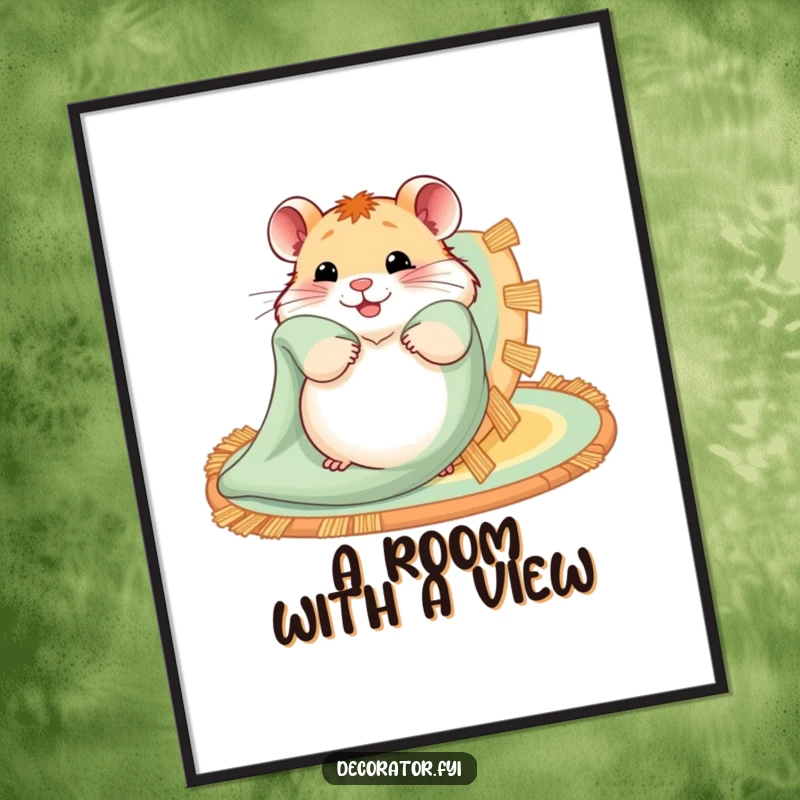 Funny poster print of a hamster joyfully spreading out a brightly patterned rug, adding warmth and humor to wall decor.