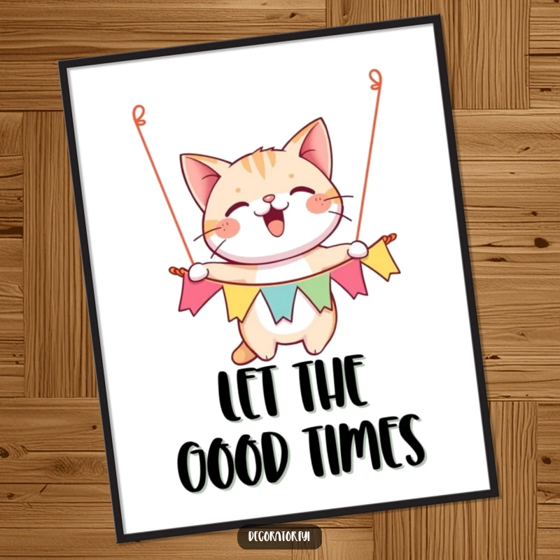 Funny poster showing a happy cat character gleefully hanging a colorful festive banner, creating a celebratory atmosphere.