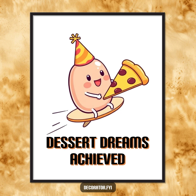 Funny Poster: A wobbly jelly bean wearing a party hat joyfully rides a flying pizza slice, adding whimsical decor.