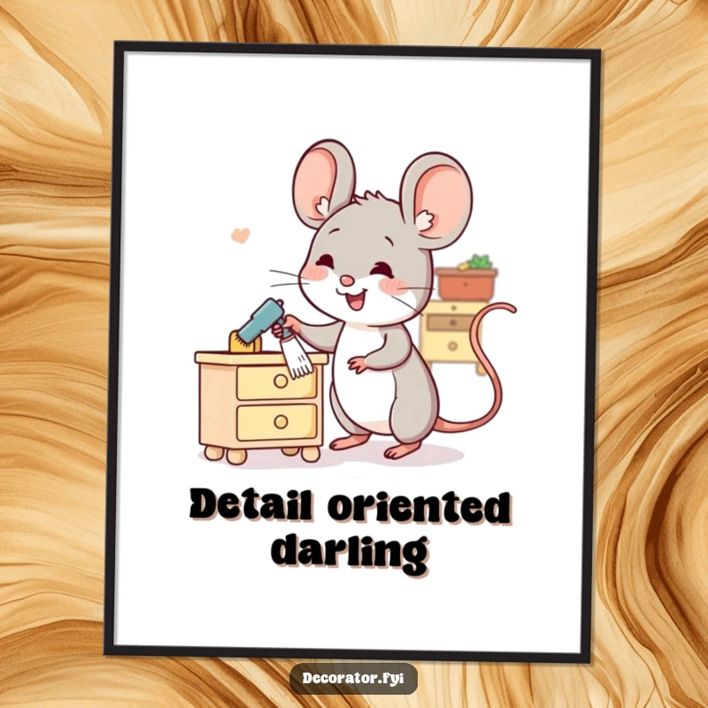 Funny poster displaying a cheerful mouse character dusting a miniature chair, bringing whimsy and tidiness to the room.
