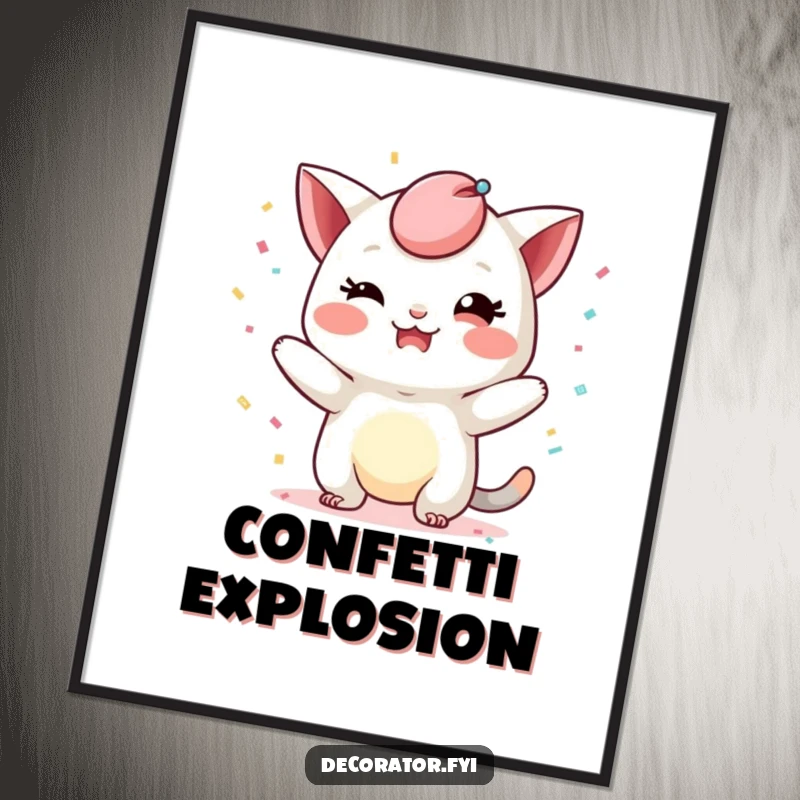 Funny poster showing a mischievous character playfully adding a whimsical touch with confetti, creating a humorous scene of joyful celebration.