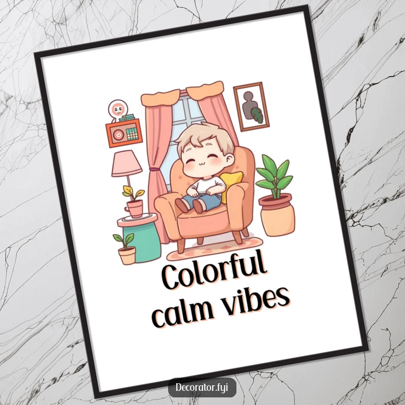 Funny Poster showcasing a content character deeply relaxed in an armchair, surrounded by a delightful array of colorful decor.
