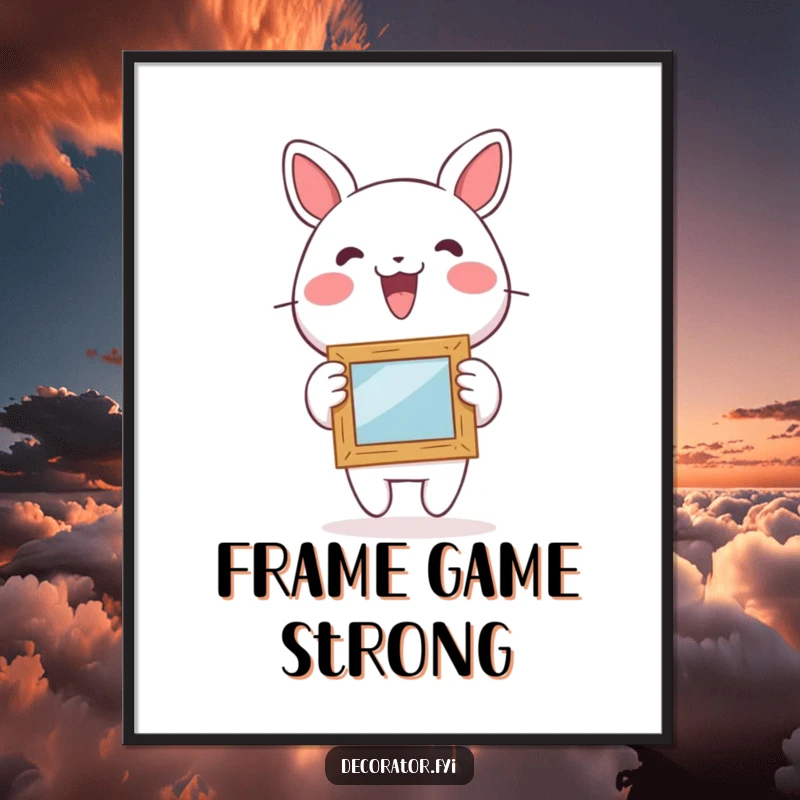 Funny poster depicting a lively character enthusiastically hanging a small, whimsical picture frame, adding a touch of joy.