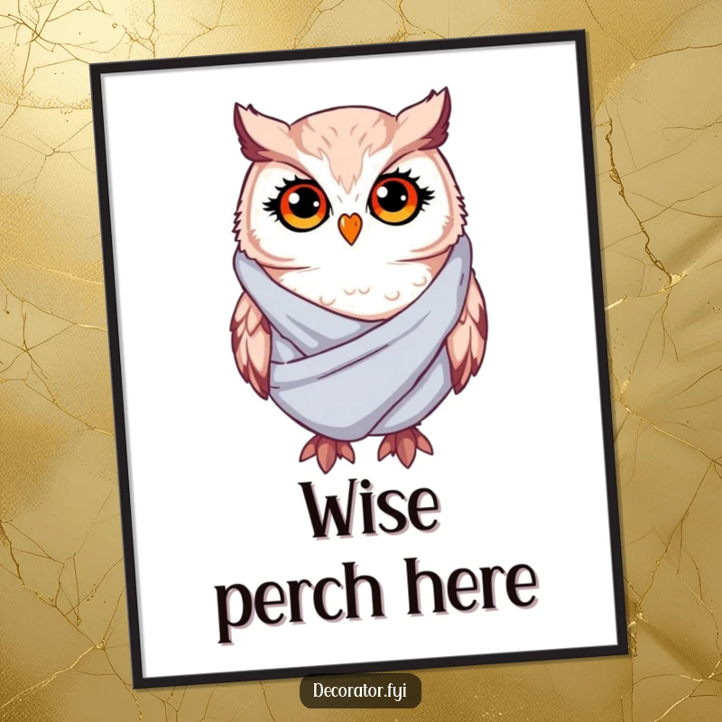 Funny Poster: A whimsical owl with twinkling eyes is seen draping soft fabric, creating a humorous and enchanting piece of art.