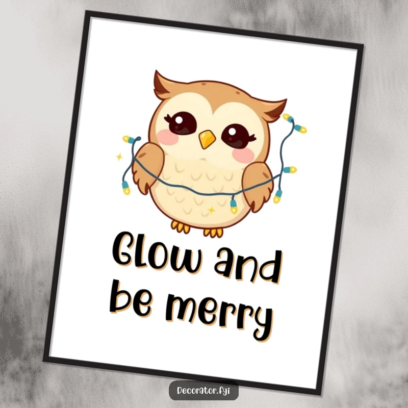 Funny poster print of a giggling owl character joyfully draping twinkling lights, bringing whimsical wall decor.