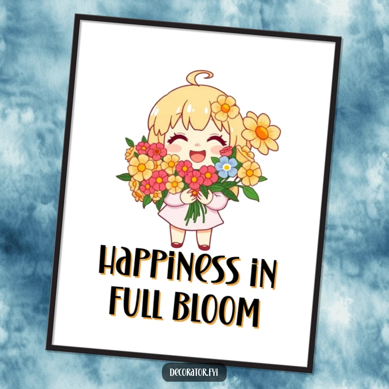 Funny Poster: A joyful character is smiling while arranging a stunning bouquet of bright, colorful flowers.
