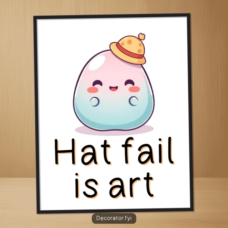 Funny poster art of a wobbly jelly blob comically trying to wear a tiny hat that's clearly too small and slipping off.