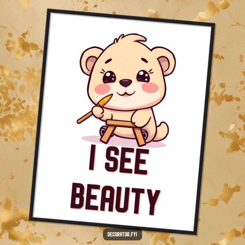 Funny poster of a smiling character concentrating hard while balancing a small paintbrush on its nose, ready to paint, adding humor to wall decor.